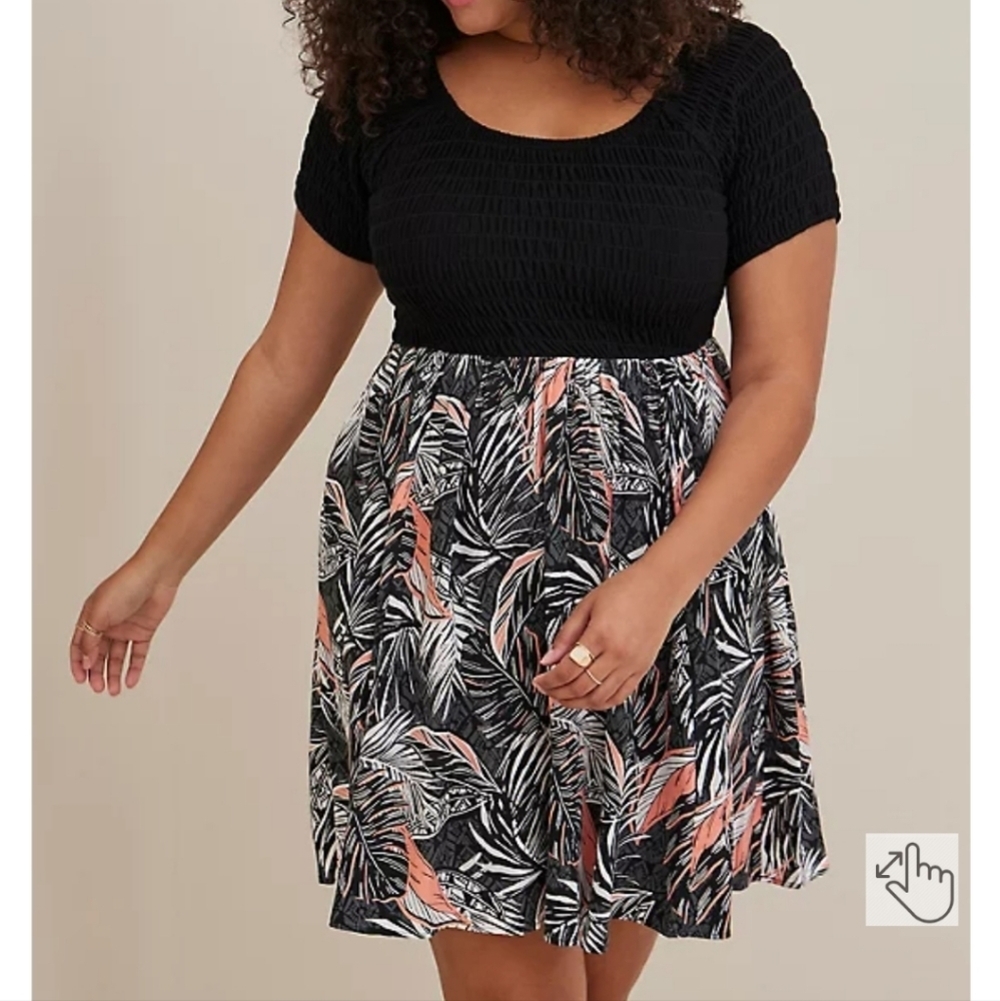 NWT Torrid Mini Challis Smocked Stretch Dress Black Peach Tropical Pockets Sz 5X